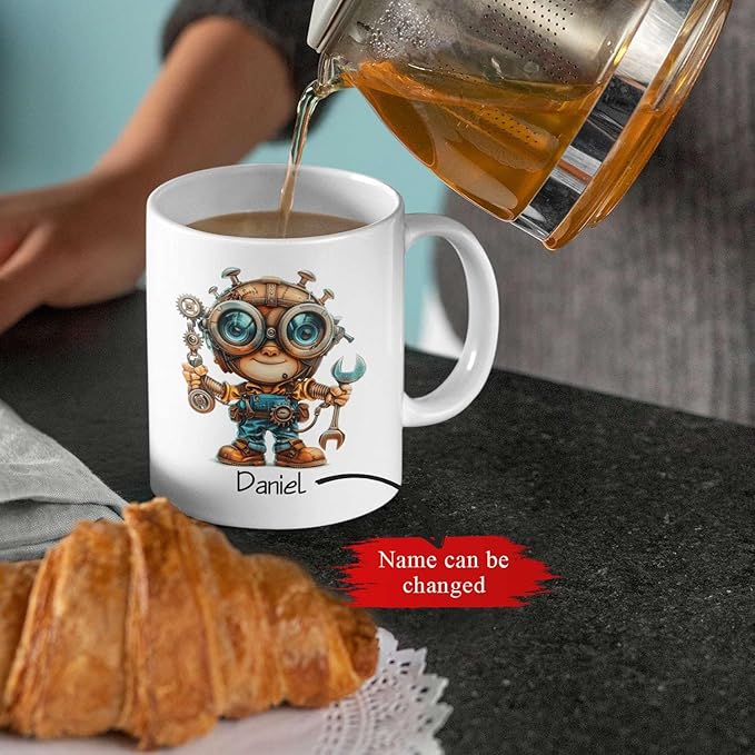 Personalized Tech Enthusiast Coffee Cup 11oz 15oz, Customized Steampunk Character Design Ceramic Mug, Unique Custom Name Mug Gift For Engineer, Kid Cup, Cute Mechanic White Cup-Ruum Studio Home