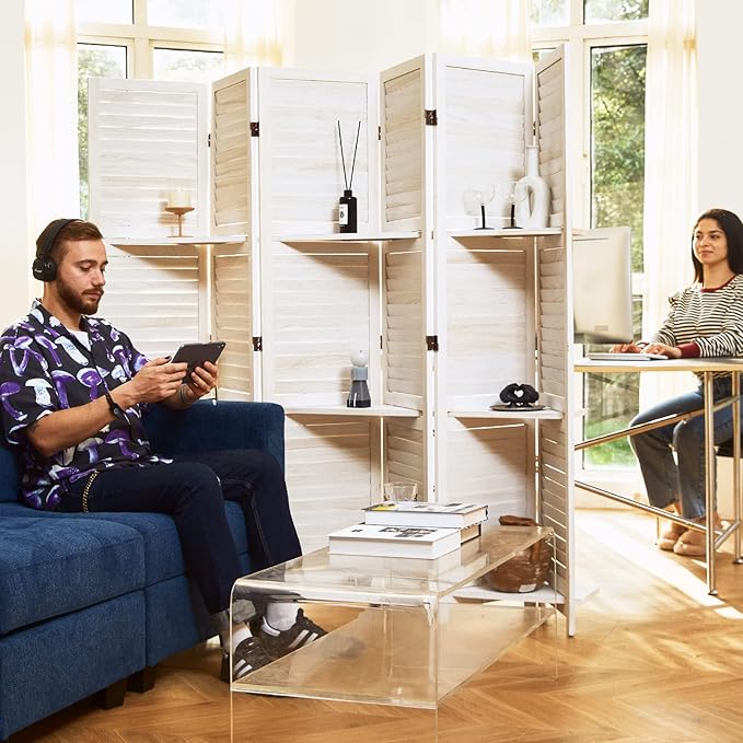 Partition Room Dividers, Folding Wood Privacy Screen with Three Display Shelves Suitable for Home Office, Study, Art Display - 6 Panel, 67 * 77inch (White)-Ruum Studio Home