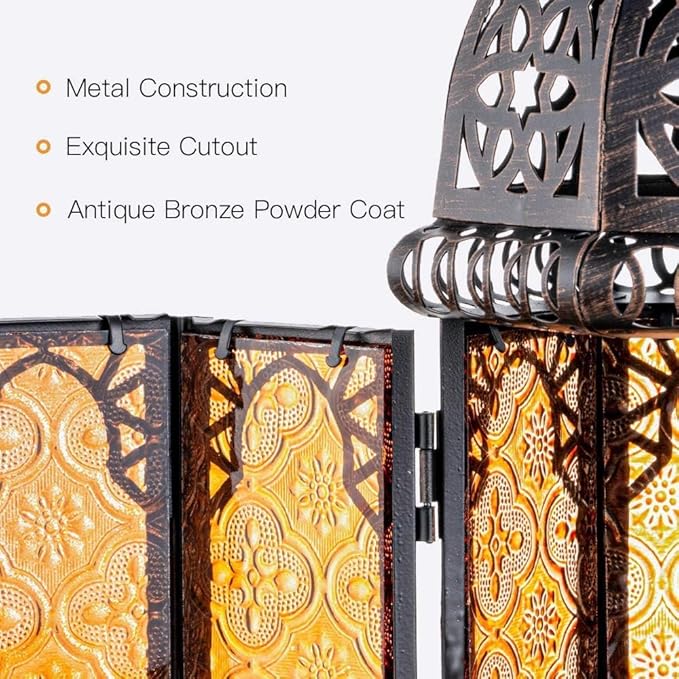NEEDOMO 12.8'' Moroccan Lanterns Decorative Indoor & Outdoor, Vintage Christmas Candle Holder, Metal Lanterns Decorative, Table, Patio, Porch, Shelf, Christmas Spring Halloween Home Decor (Amber)-Ruum Studio Home