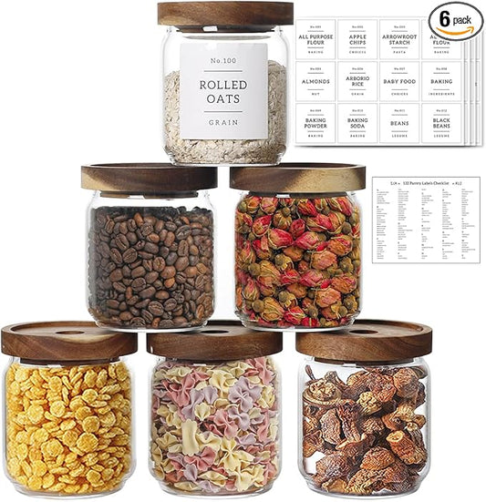 16 OZ Stackable Glass Food Storage Jars with 132 Pantry Labels Preprinted - 6 Pcs Thicken Glass Storage Containers with Airtight Acacia Lid - Clear Kitchen Canister for Spice, Tea, Coffee, Sugar-Ruum Studio Home