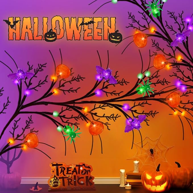 [8 Modes & Timer] 6 Ft Halloween Willow Vine Twig Decor Garland with Bats Pumpkins Spiders Lights, 54 LED Battery Operated Halloween Lights for Indoor Home Mantle Fireplace Decor-Ruum Studio Home