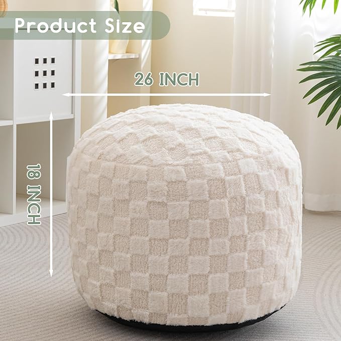 HIGOGOGO Round Stuffed Pouf Ottoman, Plaid Poufs with Foam Chunk Filling, Fluffy and Furry Pouf Foot Stool Storage Ottoman, 26 X 18 Floor Poufs Foot Rest for Living Room, Beige-Ruum Studio Home