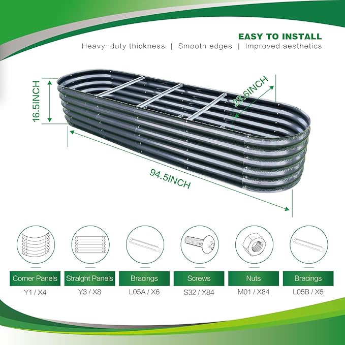 Gardmax Galvanized Raised Garden Bed, Lightweight Planter Boxes Outdoor with Easy Assembly, Large Garden Bed for Vegetables, Fruits, Flower Dark Grey 8FT-Ruum Studio Home