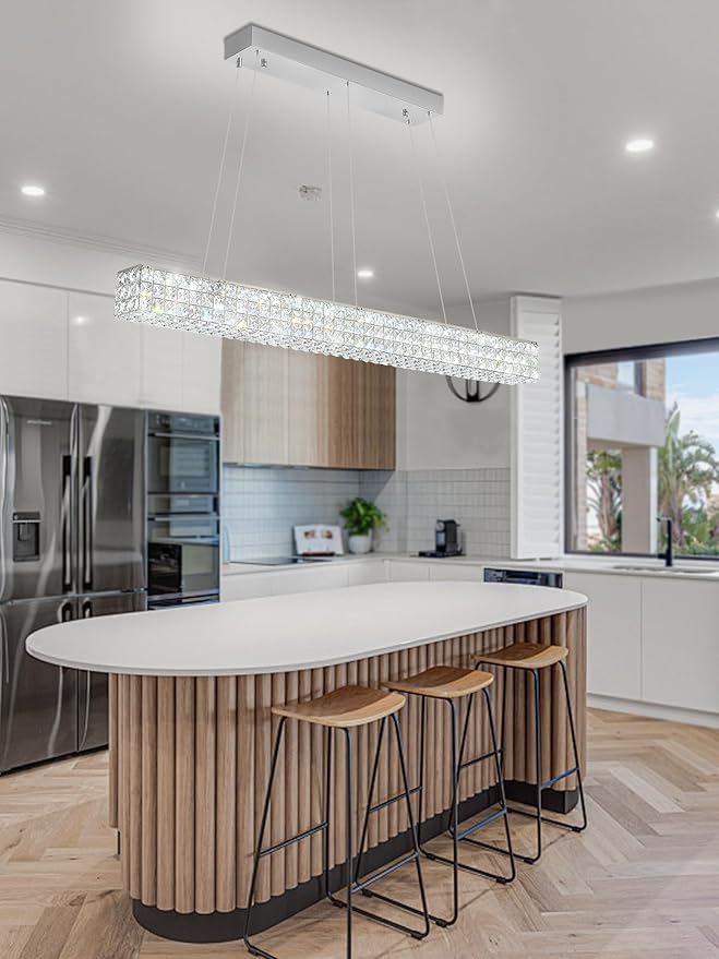 W48 Modern Rectangular Crystal Chandeliers Dining Room Chandelier,Silver Pendant Light Fixture with Remote Control for Living Room Kitchen Island-Ruum Studio Home