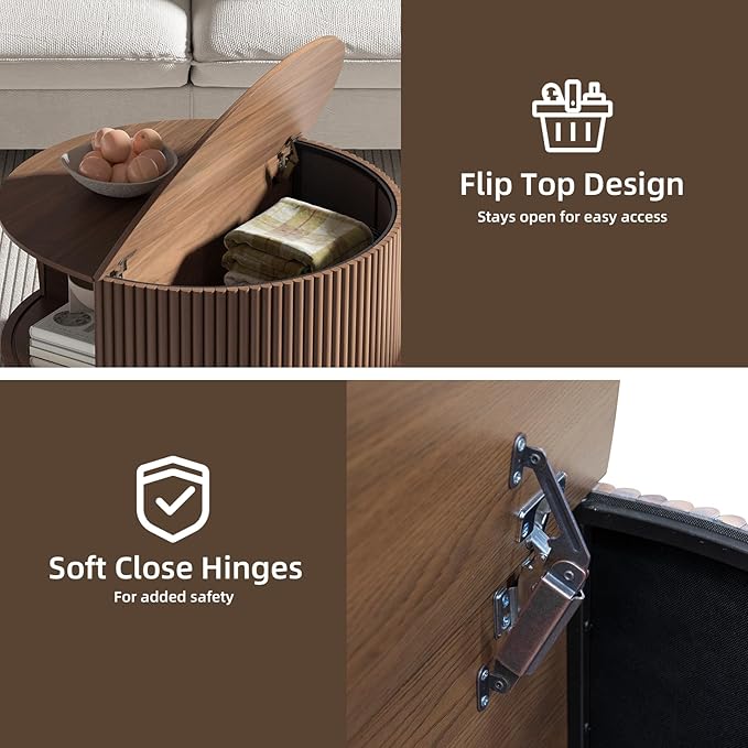 Round Coffee Table with Storage,Fluted Center Table with Sliding Cabinet Door for Living Room,Home Small Space,31.5" Small Center Table,Walnut-Ruum Studio Home