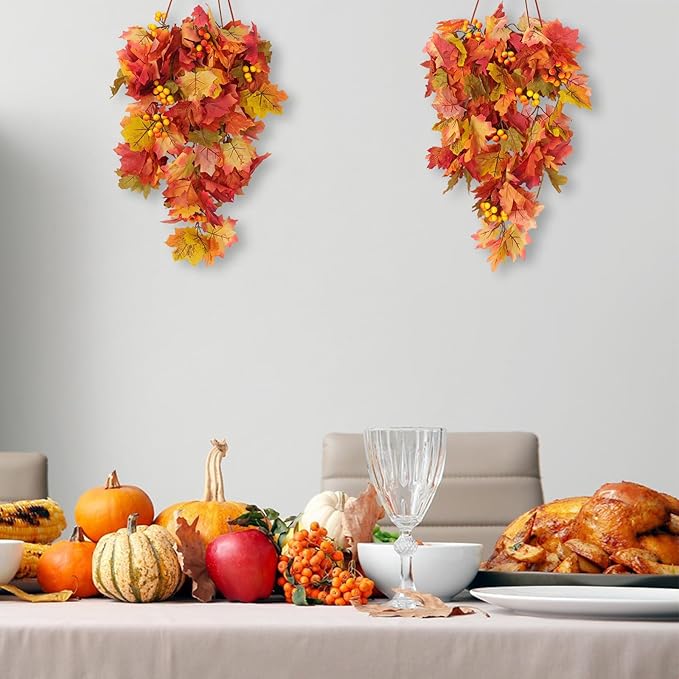RECUTMS Fall Leaves Hanging Plant Artificial Fall Leaves Garland with Berry Fake Autumn Wall Hanging Leaf Vines for Home Halloween Party Door Frame Fireplace Decoration(Orange with Berry)-Ruum Studio Home