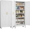 75" Tall Metal Kitchen Pantry Storage Cabinet, Freestanding Cupboard with 2 Doors and 5 Adjustable Shelves, Standing Storage for Kitchen, Bathroom, Garage, Dinning Room or Utility Room（White）-Ruum Studio Home