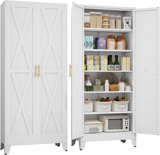 75" Tall Metal Kitchen Pantry Storage Cabinet, Freestanding Cupboard with 2 Doors and 5 Adjustable Shelves, Standing Storage for Kitchen, Bathroom, Garage, Dinning Room or Utility Room（White）-Ruum Studio Home