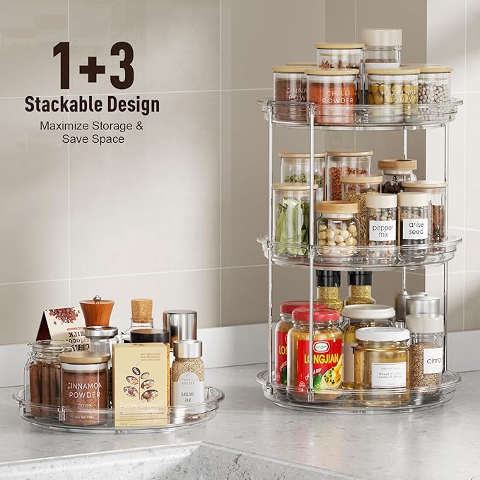 2 Tier Lazy Susan Organizer, 9.25'' Lazy Susan Turntable for Cabinet, Stackable Turntable Organizer Rotating Spice Rack Organization for Kitchen Countertop, Pantry, Bathroom, Clear-Ruum Studio Home