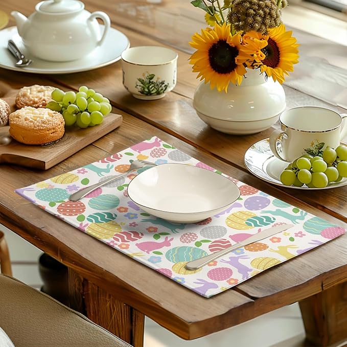 Easter Eggs Bunny Floral Placemats Set of 4 Watercolor Egg Floral Place Mat 12x18 Inch Seasonal Spring Colorful Washable Linen Table Mats for Party Kitchen Dining Outdoor Indoor Decor-Ruum Studio Home