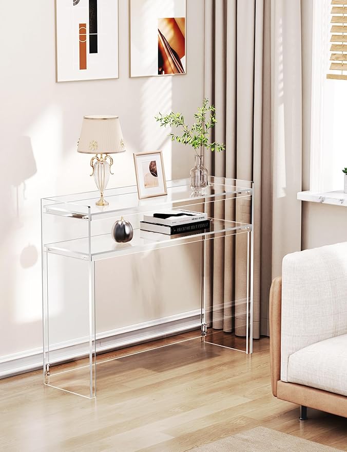Acrylic Console Table, Entryway Table with Storage Shelves (1, 39.4 * 31.5 * 11.7) (Clear)-Ruum Studio Home