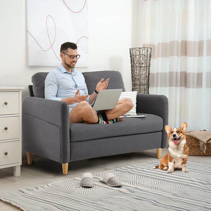 VINGLI 47" Small Couch, Dark Grey Linen Loveseat Sofa Mini Couch Mid Century Modern Decor Love Seat for Small Spaces Living Room, Bedroom, Play Room-Ruum Studio Home
