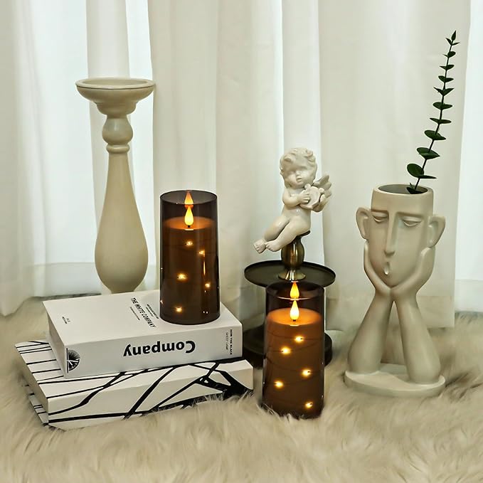 Aignis Flickering Flameless Candles Battery Operated Candles LED Candles with Remote Timer for Home/Wedding/Birthday/Holiday Decor ，Grey 3D Flame Set of 2 (D3 xH6 6")-Ruum Studio Home