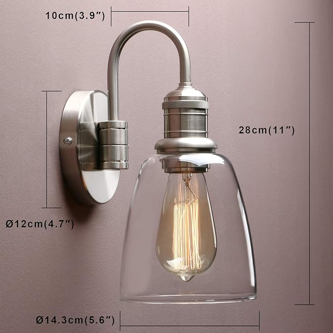 Yosoan 1-Light Brass Modern Vintage Indoor Wall Sconce, Vanity Single Luxury Hardwired Retro Textured Clear Oval Cone Glass Shade with Industrial Gooseneck Curved Rod Bathroom Lamp(Brushed)-Ruum Studio Home