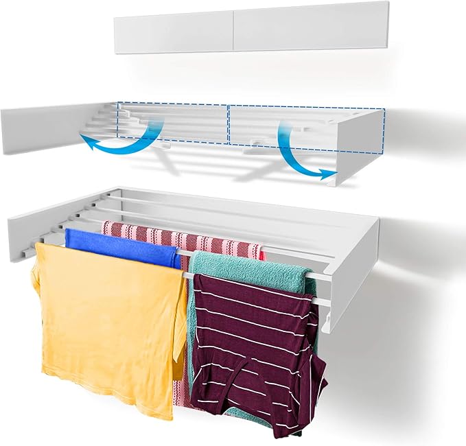 Step Up Laundry Drying Rack (28-INCH White), Wall Mounted, Retractable Clothes Drying Rack, 40lbs Capacity, 11.6 Linear Ft, with Wall Template and Long Screwdriver Bit-Ruum Studio Home