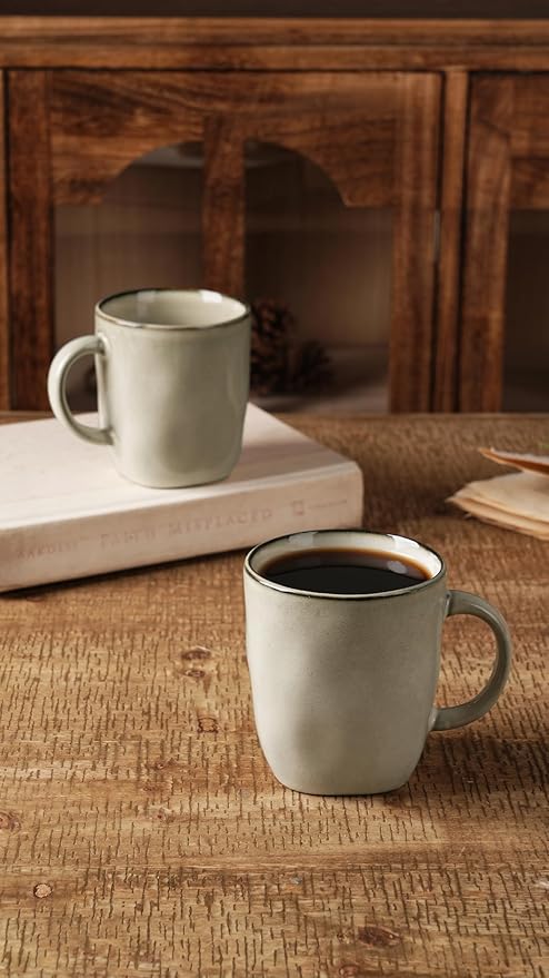 famiware Coffee Mugs Set of 4, Ocean Square 13oz Coffee Cup Set with Handle for Cocoa, Milk, Hot Chocolate, Tea, Water, Stoneware Cups for Kitchen, Microwave and Dishwasher Safe, Light khaki-Ruum Studio Home