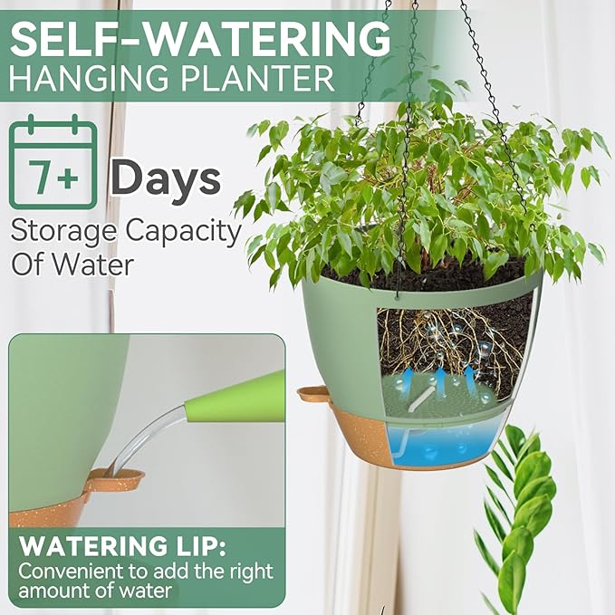 ZMTECH 12 Inch Hanging Planters for Indoor Outdoor Plants, 1 Pack Self Watering Hanging Plant Pots with Drainage Holes and Removable Saucer, Plastic Flower Hanging Pots with Watering Lip (Green)-Ruum Studio Home