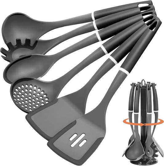 Kitchen Cooking Utensils Set, Non-Stick Spatula Set with Rotating Stand, 6 PCS Silicone Utensils Set for Cooking, 400°F Heat Resistant, Kitchen Gadgets with Nylon Handle & Stable Holder, Dark Grey-Ruum Studio Home