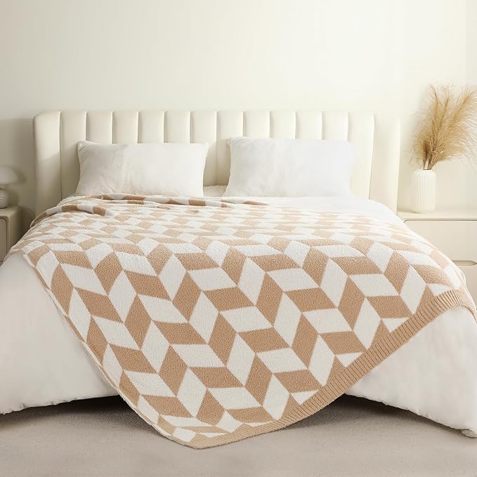 Snuggle Sac Beige Twin Size Blankets for Bed, Super Soft Warm Blankets Oversized Cozy Knit Fuzzy Blanket for Living Room, Chevron Beige,60x80 inches-Ruum Studio Home