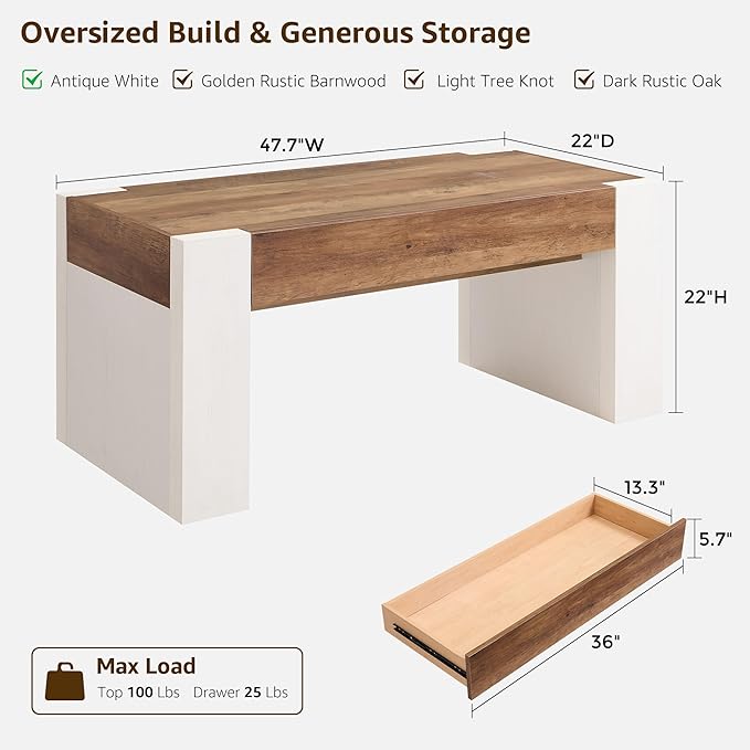 OKD 48" Modern Farmhouse Coffee Table, Wooden Living Room Table with Hidden Storage Drawer, Rustic Rectangular Center Tables with Wood Thick Design for Living Room, Office, Antique White-Ruum Studio Home