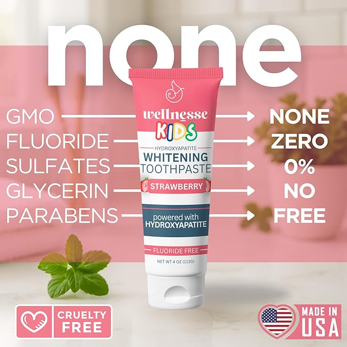 Wellnesse Kids Hydroxyapatite Toothpaste with Xylitol - Fluoride Free Toddler & Kid's Natural Toothpaste, Freshens Breath, Sensory-Friendly Oral Care, Vegan, Strawberry Flavor, 4 oz (Pack of 1)-Ruum Studio Home