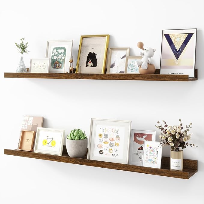 Picture Ledge Shelf, Wood Floating Shelves Set of 2, 36 inch Picture Ledge Shelves, Photo Ledge Nursery Book Shelves Wall Mounted for Living Room Kids' Room Bedroom, Color Walnut-Ruum Studio Home