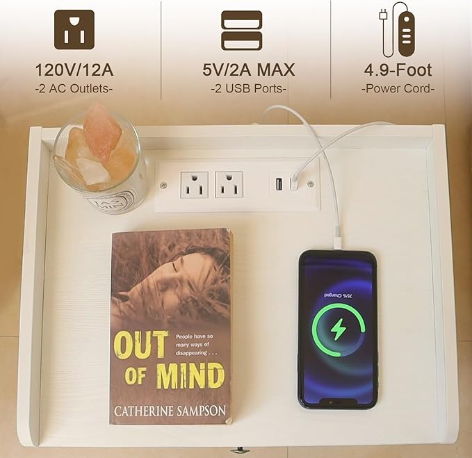 AWASEN White Nightstand with Charging Station, Modern Bedside Table with Glass Decorative Drawer, Small End Side Table with 2 Tiers Storage Space, for Bedroom, Office and Small Space(White)-Ruum Studio Home