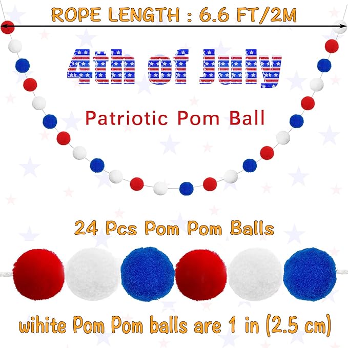 Jishi Pom Pom Garland 4th of July Decorations, Patriotic Red White Blue Felt Ball Garland, 3-Pack 6.6ft Long 24 Cute Pompom Balls String, Christmas Tree Decor Ornaments for Home Birthday Holiday Party-Ruum Studio Home