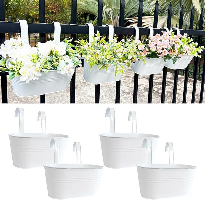 10" Hanging Flower Pots, Pack of 4 White Metal Outdoor Patio Balcony Planter, Railing Planters Fence Pot with Detachable Hook & Drainage Hole for Small Plants (White, 4Pcs)-Ruum Studio Home