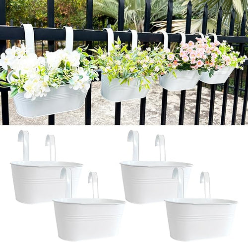 10" Hanging Flower Pots, Pack of 4 White Metal Outdoor Patio Balcony Planter, Railing Planters Fence Pot with Detachable Hook & Drainage Hole for Small Plants (White, 4Pcs)-Ruum Studio Home