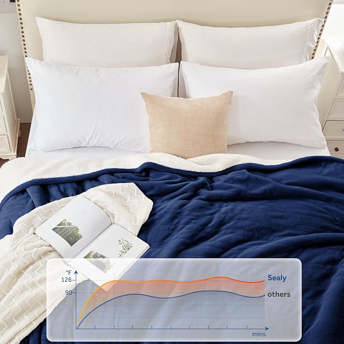 Sealy Electric Blanket Throw Size 50"*60",Super Cozy Flannel to Sherpa Reversible Heated Blanket Throw with 6 Heating Levels & 2-10 Hours Auto Off Overheating Protection Machine Washable,Navy-Ruum Studio Home