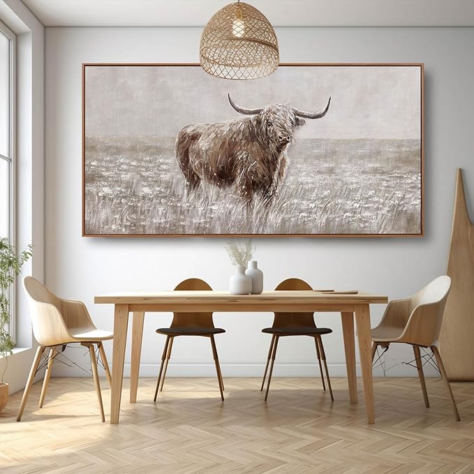 Farmhouse Highland Cow Wall Decor on Canvas with Framed Large Landscape Brown Artwork for Bedroom Living Room Office Decor 29x58 Inch-Ruum Studio Home