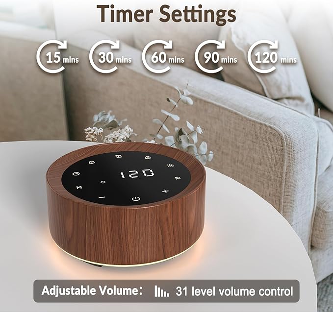 White Noise Sound Machine Alarm Clock 7 Color Night Light Sound Machine for Adult/Baby 20 Soothing Sound 31 Level Volume 6 Level Screen Brightness 5 Timer Set Memory Function Touch Control Wood Grain-Ruum Studio Home