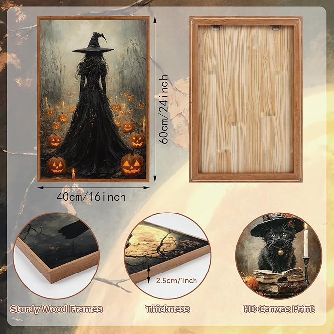 KAIRNE Framed Halloween Canvas Wall Art,Dark Witch Crow Prints,Black Cat Painting,Horror Gothic Pictures Set of 3 (16”X24”),Scary Halloween Wall Decor for Party Living Room Bedroom Office Decoration-Ruum Studio Home
