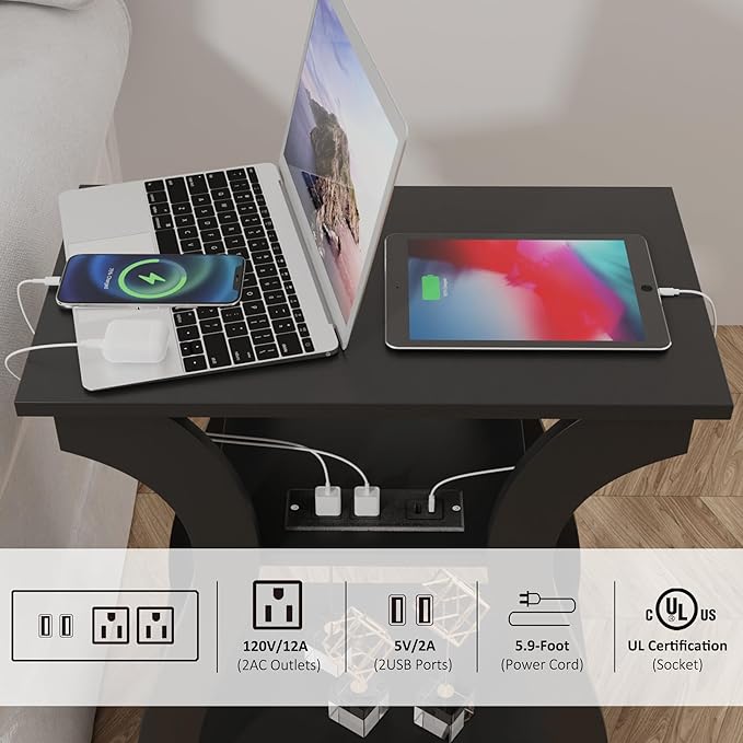 End Table with Charging Station, Side Table with USB Ports and Outlets, Nightstand, 3 Tier End Table with Storage Shelf for Living Room, Bedroom (Black)-Ruum Studio Home