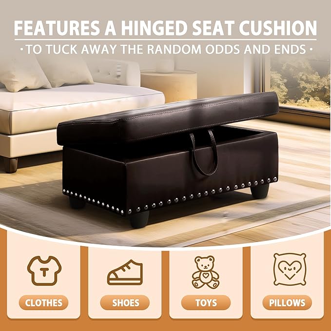Ottoman Rectangular Storage Ottoman Bench, Faux Leather Footrest, Coffee Table, Stool Footstool with Hinged Lid for Living Room, Bedroom, Entryway, Brown, 28.5"x19"x17.5"-Ruum Studio Home