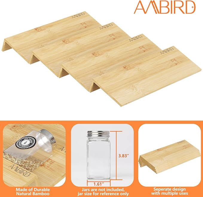 AMBIRD Bamboo Spice Drawer Organizer with Non-slip Mat,4 Tier Jar Spice Rack Tray 9.5'',Seasoning Organizer for Kitchen,Cabinet,Drawers,Countertop-Ruum Studio Home