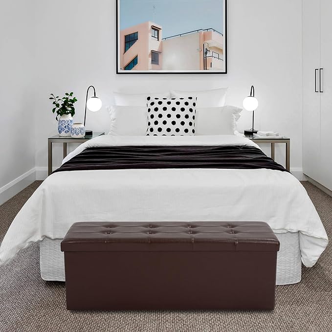 43 Inches Folding Storage Ottoman Bench, PU Leather Storage Chest, Footrest Padded Seat for Bedroom and Hallway, Holds up to 660 lbs, Brown-Ruum Studio Home