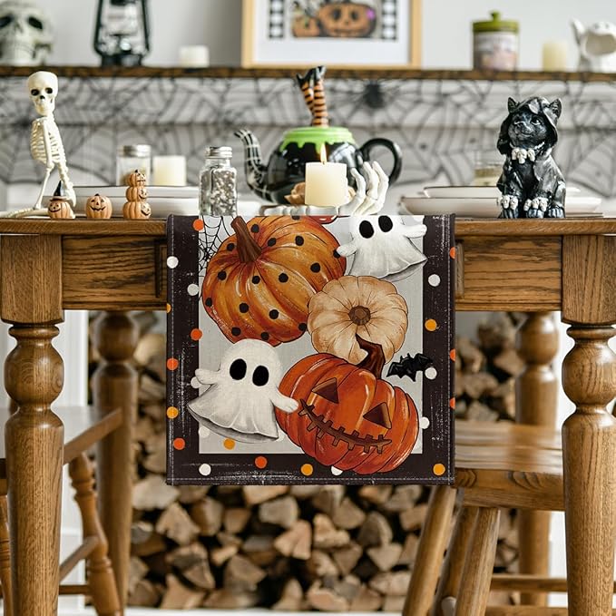 Artoid Mode Jack-O'-Lantern Pumpkin Ghost Spider Web Halloween Table Runner,Holiday Kitchen Dining Table Decoration for Home Party Decor 13 x 48 Inch-Ruum Studio Home