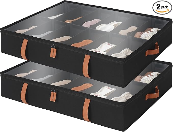 StorageWorks Shoe Organizer Under Bed for Closet, 2-Pack Ultra-thick Fabric Shoe Storage Containers with Bottom Support and Adjustable Dividers, Fits up to 24 Pairs, Black-Ruum Studio Home