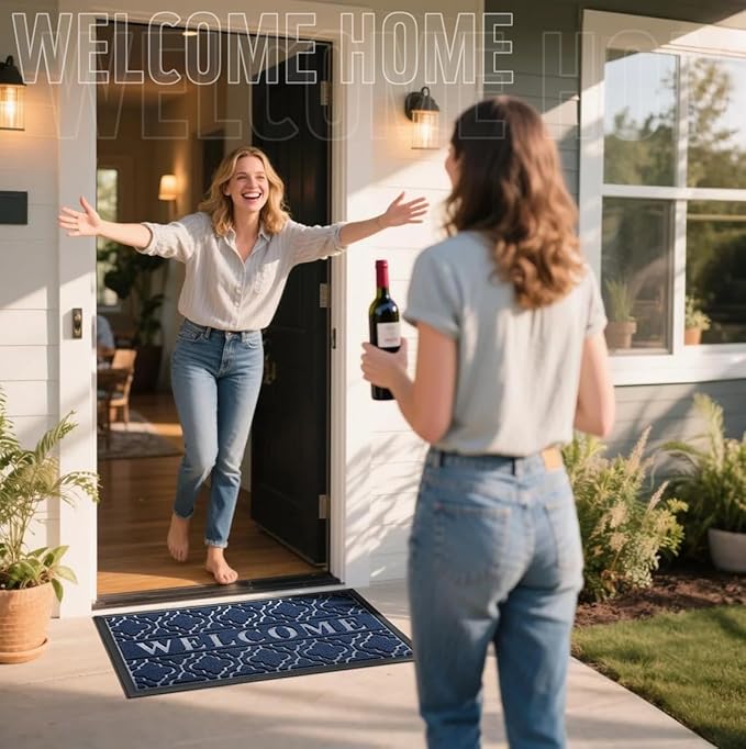 Yimobra Welcome Matt Outdoor Indoor 29.5x17, All-Weather Waterproof Front Door Mat, Non-Slip Low Profile Porch Patio Entrance Doormat, Blue-Ruum Studio Home