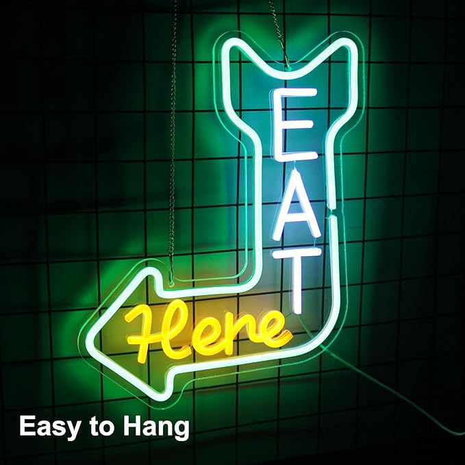 Eat Here Neon Sign Kitchen Neon Signs for Wall Decor with Arrow Guidance Green Orange White Eat Dimmable LED Sign Diner Neon Signs for Wall Bar Restaurant Kitchen Man Cave Decor-Ruum Studio Home