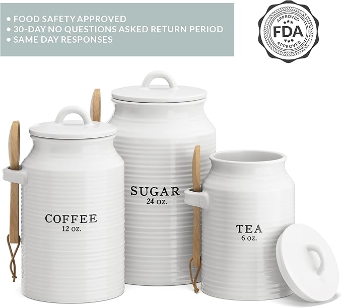 Barnyard Designs Canister Set for Kitchen Counter, Coffee Tea Sugar Container Ceramic Set, Decorative Canisters, Rustic Farmhouse Canister Jars, White (Coffee/Sugar/Tea)-Ruum Studio Home