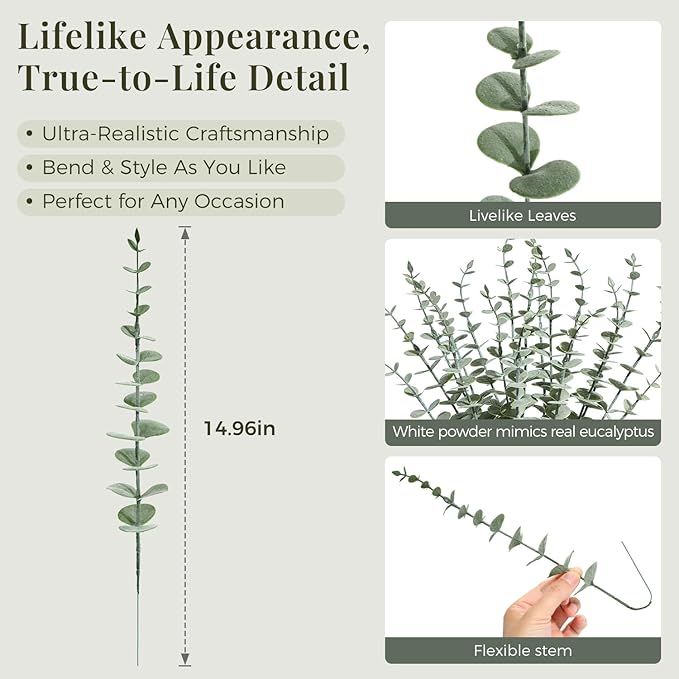 18Pcs Faux Eucalyptus Stems, 15" Artificial Eucalyptus Plants with White Frosted Coating, Fake Eucalyptus Decor Plastic Greenery Leaves for Wedding Bouquets Home Decor DIY Floral Arrangements-Ruum Studio Home