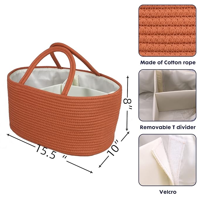Large Baby Diaper Caddy Organizer for Girl Boy Rope Nursery Storage Bin Basket Portable Holder Tote Bag for Changing Table Car Travel Baby Shower Gifts Registry Must Haves Rustic-Ruum Studio Home