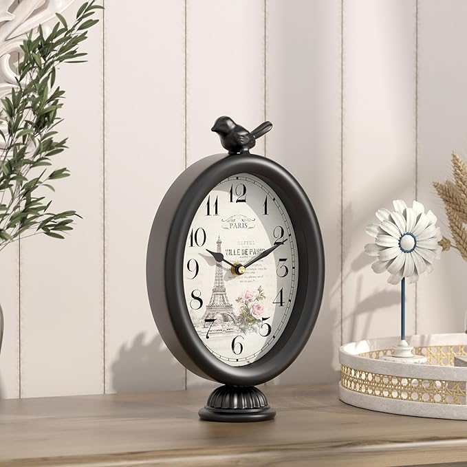 Vintage Table Clock with Bird, Desk and Shelf Decor Clock, French Paris Style, Antique Black Metal Mantel Clocks for Living Room, Farmhouse, Bedroom, Bedside, Gift (10" H x 5.9" W)-Ruum Studio Home
