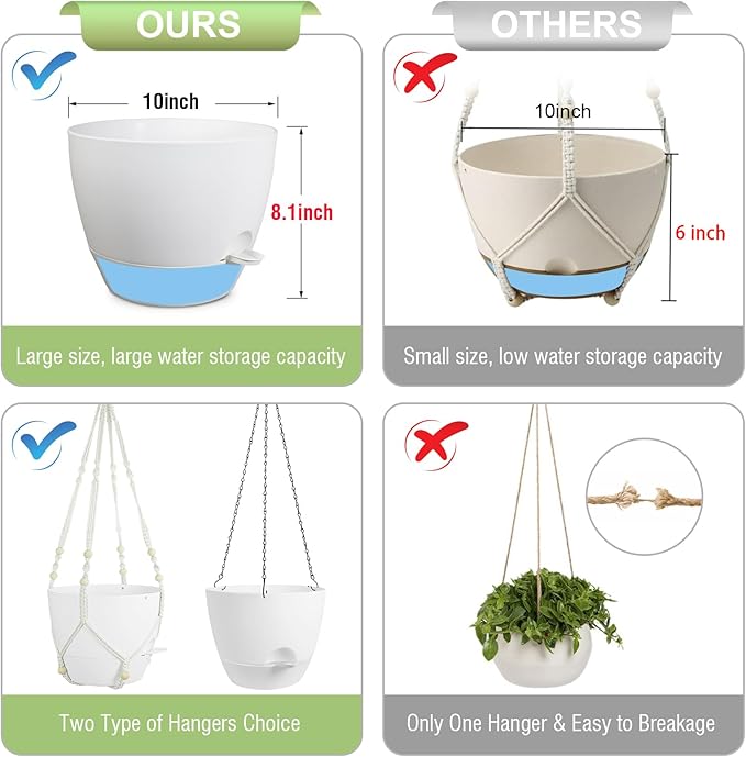 10 inch Self Watering Hanging Planters, 2 Pack Hanging Flower Pots for Indoor Outdoor Plants, Hanging Baskets with Drainage Holes & 2 Kinds of Plant Hangers for Garden Home Decor, White-Ruum Studio Home