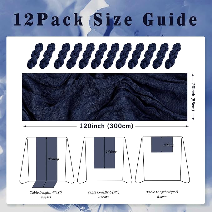 12 Pack Navy Blue Cheesecloth Table Runner 10FT Boho Fabric Rustic Cheese Cloth Table Runner for Wedding Bridal Shower Baby Shower Gauze Sheer Birthday Party Table Decorations 20 x 120 Inch Long-Ruum Studio Home