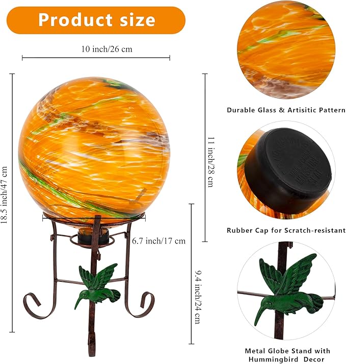 10 Inch Glass Gazing Ball, with 9.4" Tall Metal Gazing Globe Stand, Glass Balls Display Holder Set for Outdoor Garden Lawn Yard Decoration, Sunset Sky-Ruum Studio Home