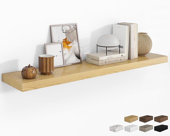RICHFOCUS 55Inch Floating Shelves for Wall 1 Pack Shelves for Bedroom|Kitchen|Bathroom Wall Mounted Rustic Wood Floating Shelf with Invisible Brackets for Books|Storage|Decor, Oak-Ruum Studio Home